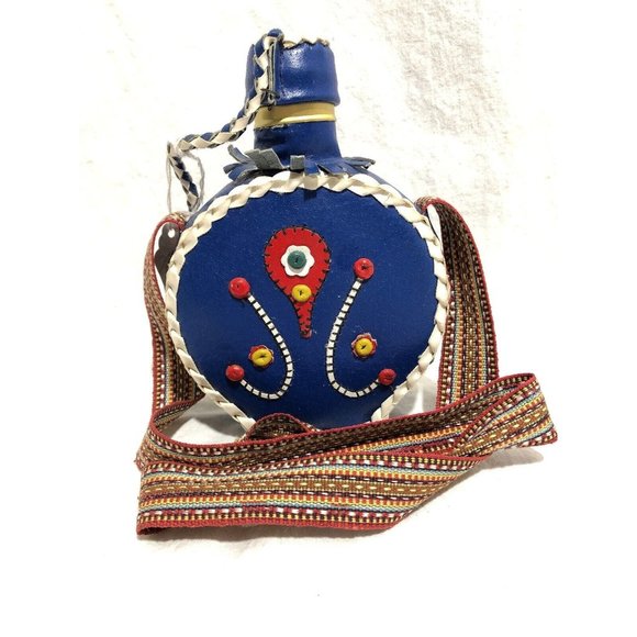 Boda Bag Drink Holder Blue Leather Red Beaded Twist Top Strap Yugoslavian Vtg
